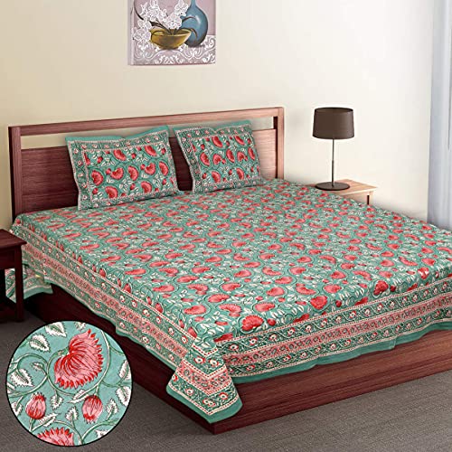 Image of ElanorHomes 240 TC Cotton Double King Size Bedsheet | Ultra-Soft & Skin-Safe | Breathable Summer Comfort | 93x108 inches with 2 Pillow Covers (Turquoise Pink Lotus)