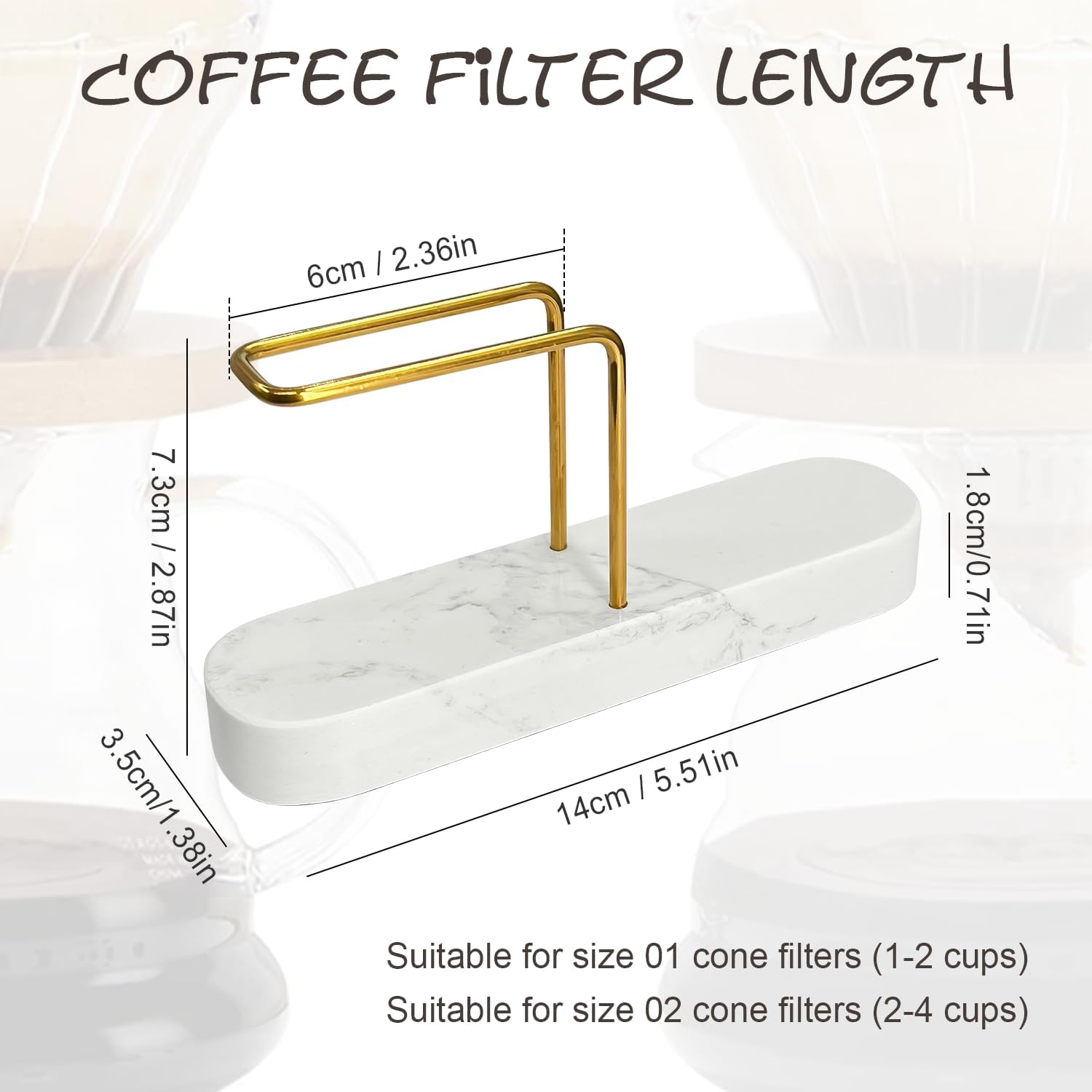 Coffee Filter Holder for Counter, Fits V60#01 & #02, Marble Base (White)