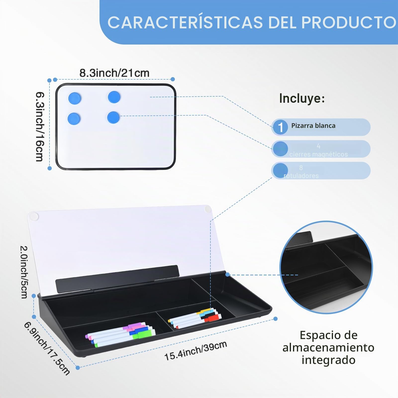 Hivexagon Pizarra blanca de escritorio con 4 compartimentos y ranura para teléfono o tableta, incluye mini pizarra magnética adicional y accesorios