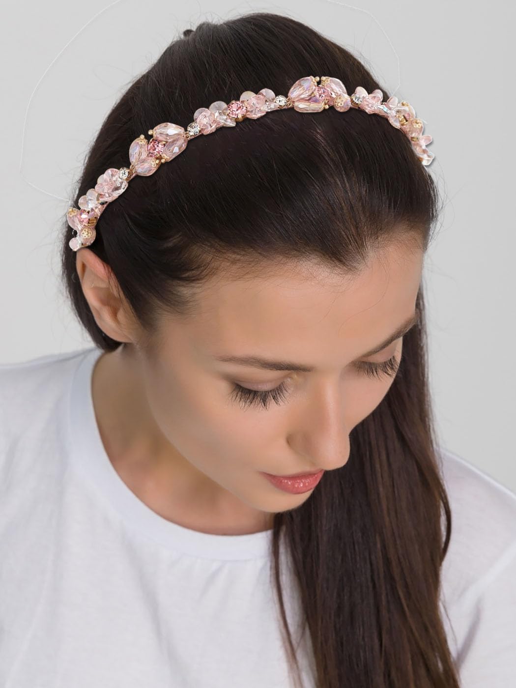 IYOU Glitter Rhinestone Headband Pink Crystal Hair Bands Thin Retro Party Prom Hair Accessories for Women - Image 3