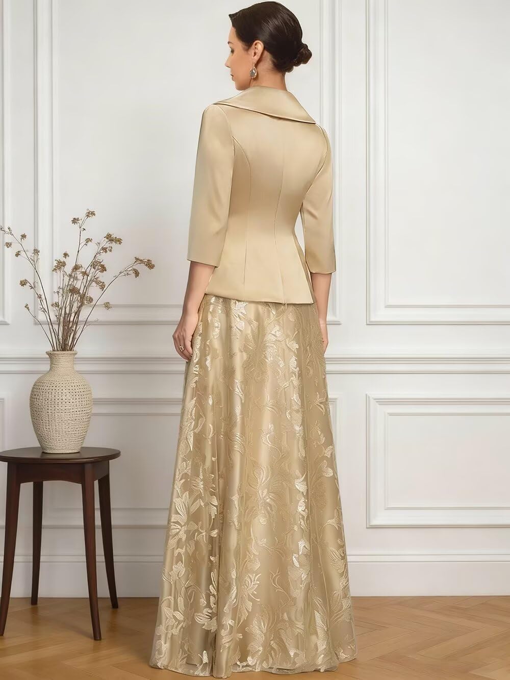 Women's 2 Pieces Mother of The Bride Dresses for Wedding V-Neck Satin Formal Suit Laces Sequin Evening Gowns