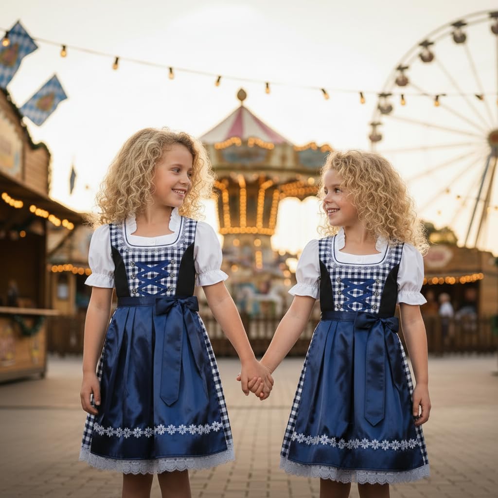 Alte Liebe Mädchen Dirndl Set 3-teilig Klassisches Kinder Trachtenkleid mit Bluse & Schürze – Oktoberfest/Festlich – 92–152