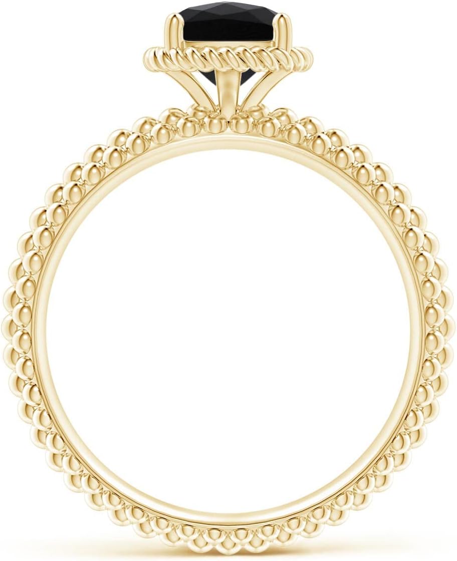 Angara Natural Black Onyx Solitaire Ring for Women | Black Onyx Beaded Shank Ring with Twisted Wire Halo in 14K Solid Gold | April Birthday, Anniversary, Gemstone Jewellery Gift