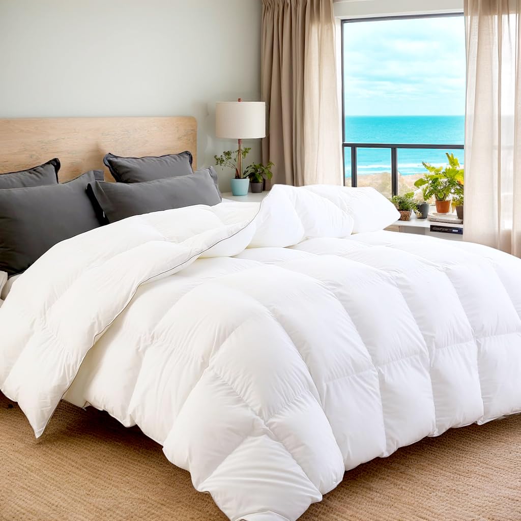 Luxury Goose Down Comforter King Size,100% Organic Cotton Shell Goose Feather Duvet Filled with Feather and Down Fiber 110 OZ -750 Fill Power, All Season White Duvet Insert 8 Corner Tabs
