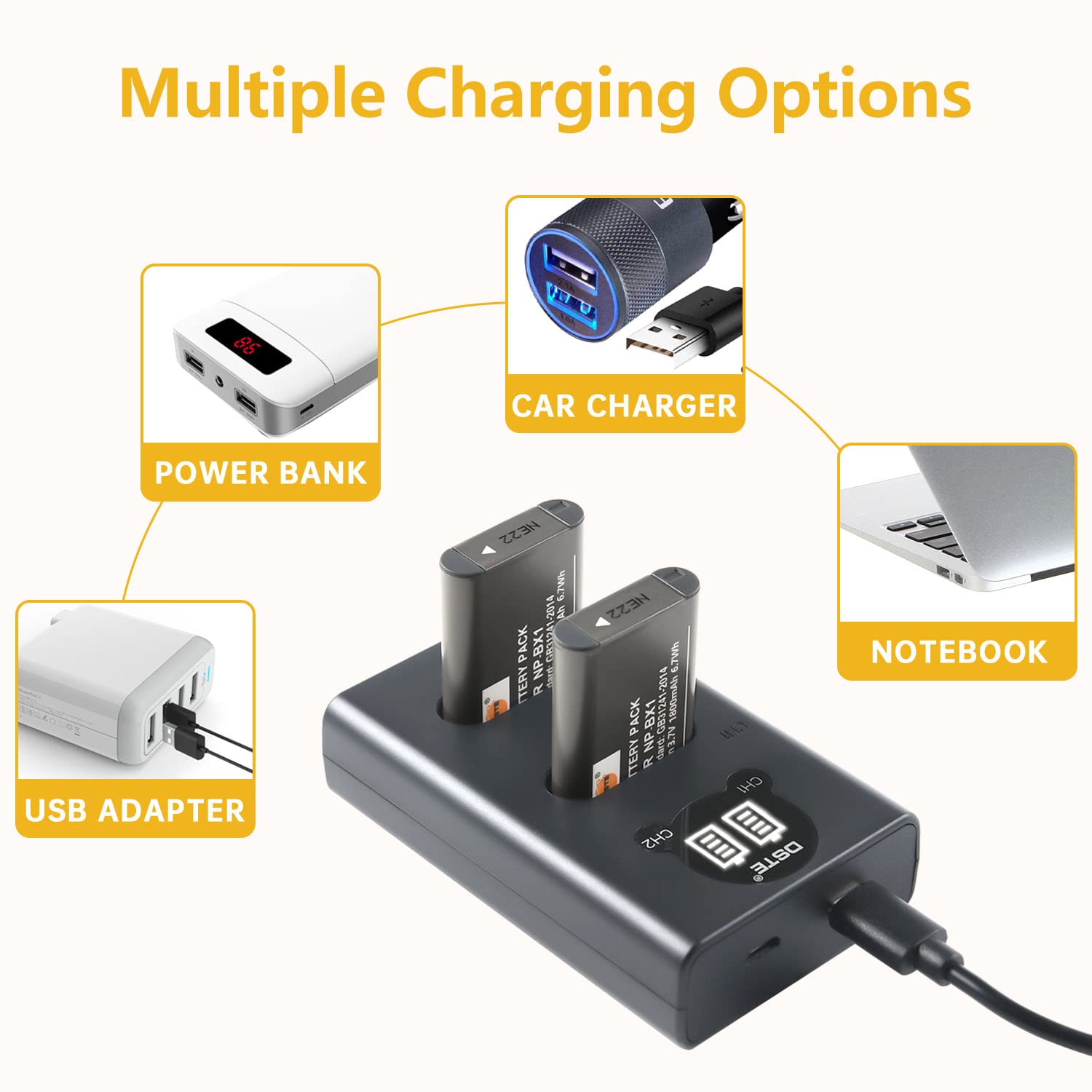 Set 2 Batterie NP-BX1 1800mAh + Caricatore USB Doppia Porta Con LCD Per Sony ZV-1, RX100, HX90 E Altri