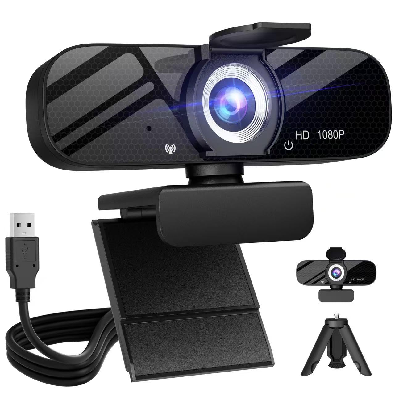 HD 1080P Webcam with Built-in Microphone and Rotatable Tripod, 1080P Video and Wide Angle Camera, Privacy Cover, for Desktop PC or Laptop Computer （Black）