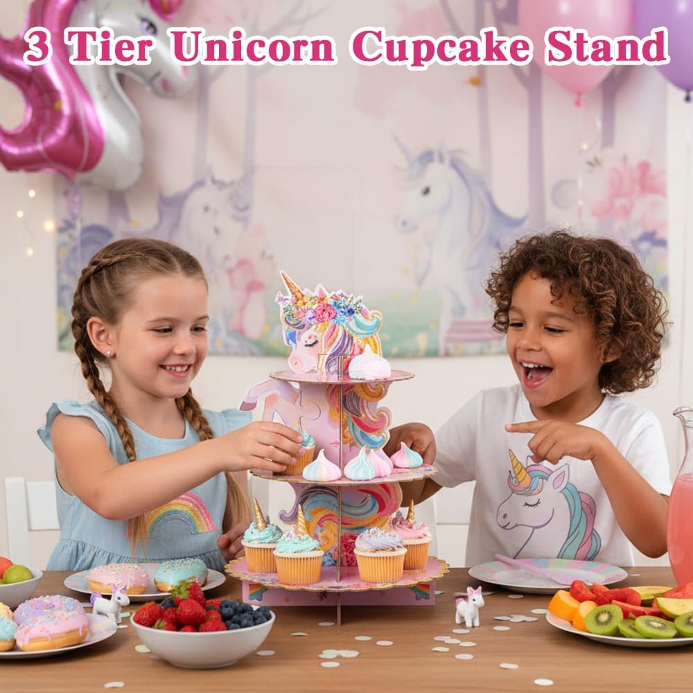 Unicorn Cupcake Stand Party Decorations, 3 Tier Cupcake Holder for Unicorn Birthday Decorations, Rinbow Unicorn Dessert Stand Serving Tray for Baby Shower Wedding Party Supply Dessrt Display