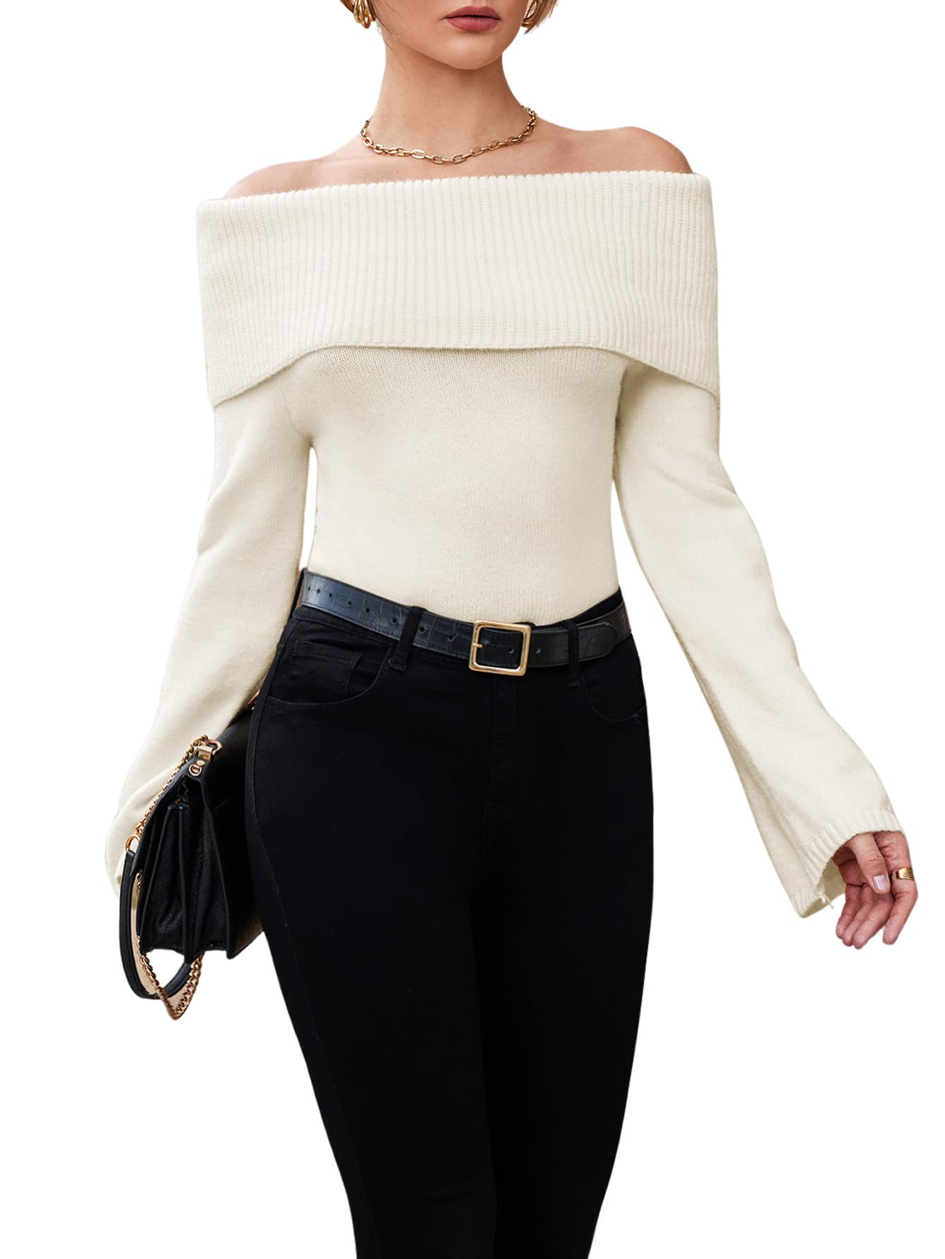 GORGLITTER Womens Off The Shoulder Sweater Long Sleeve Ribbed Knit Pullover Top Trendy Fall Outfits 2025