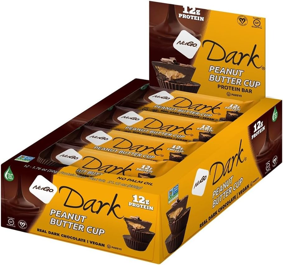 NuGo Dark Nutrition Protein Dairy Free Non GMO Vegan Bars 50g - Pack of 12 (Peanut Butter Cup)