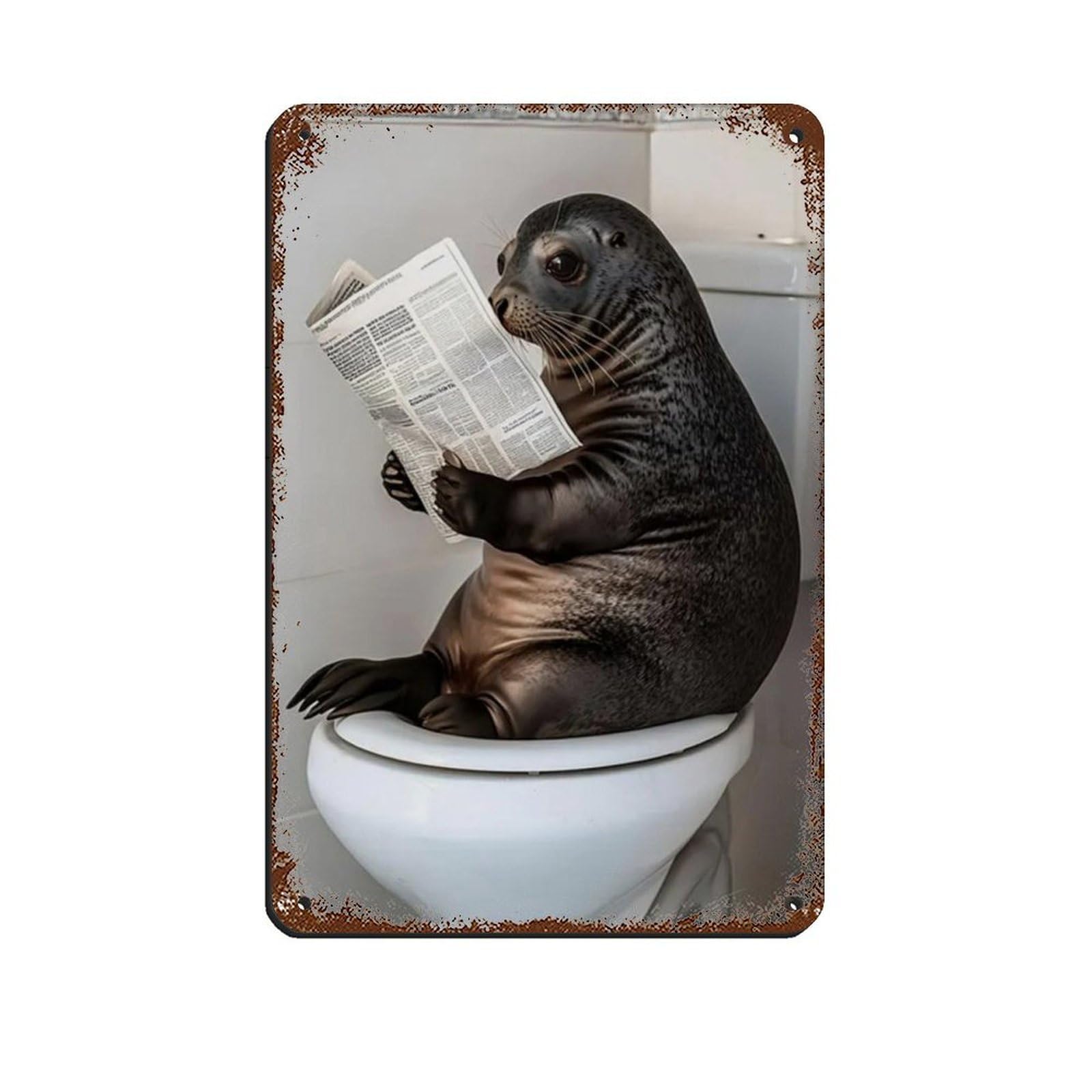 Seal Sitting on Toilet Reading Newspaper Retro Poster Metal Tin Sign Chic Art Retro Iron Painting Bar People Cave Cafe Family Garage Poster Wall Decoration 8x12inch(20x30cm)