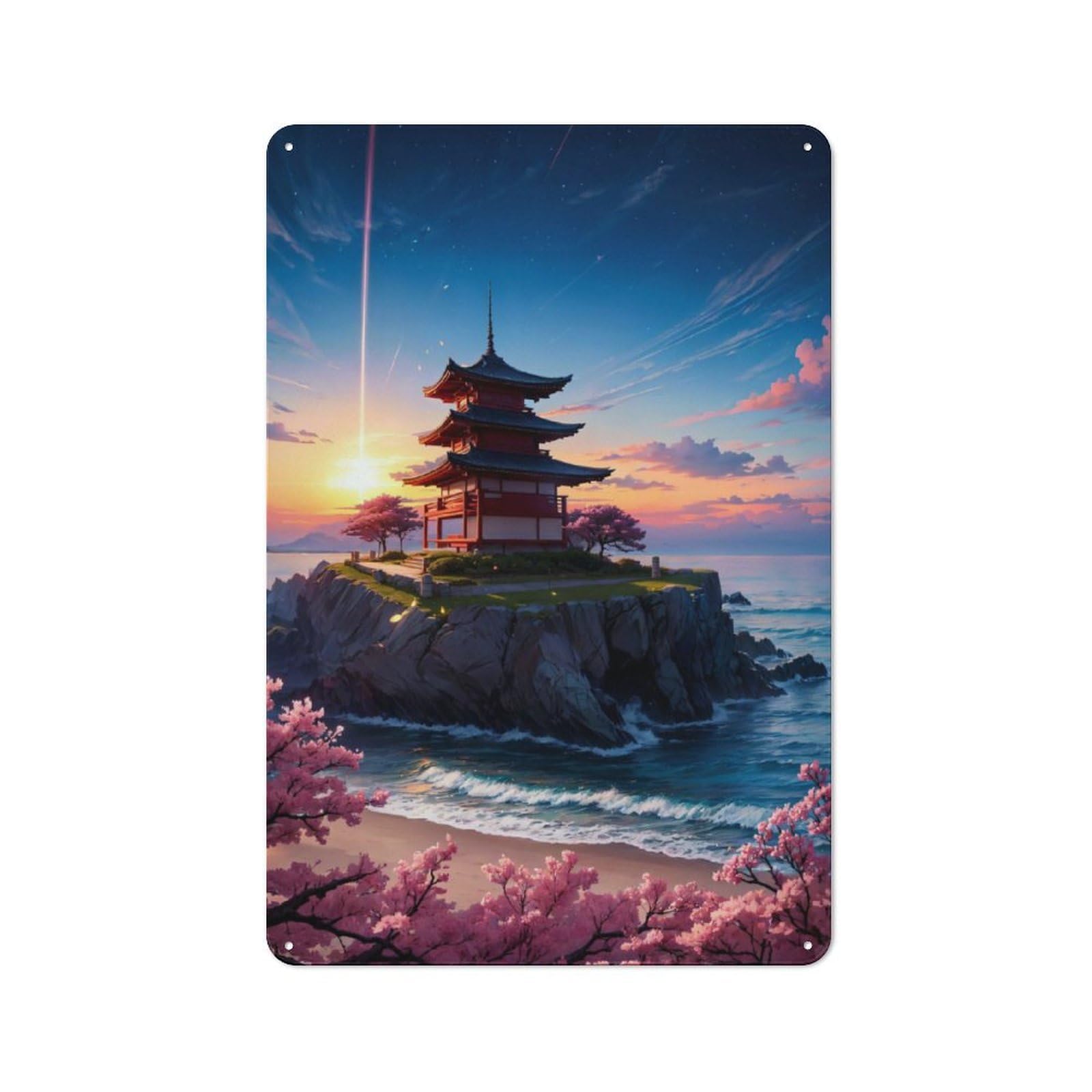 Junmoney Sakura Japan Pagoda Rustic Metal Sign 30X20cm For Hallway Wall, For Collectors Of Rustic Metal Wall Decor