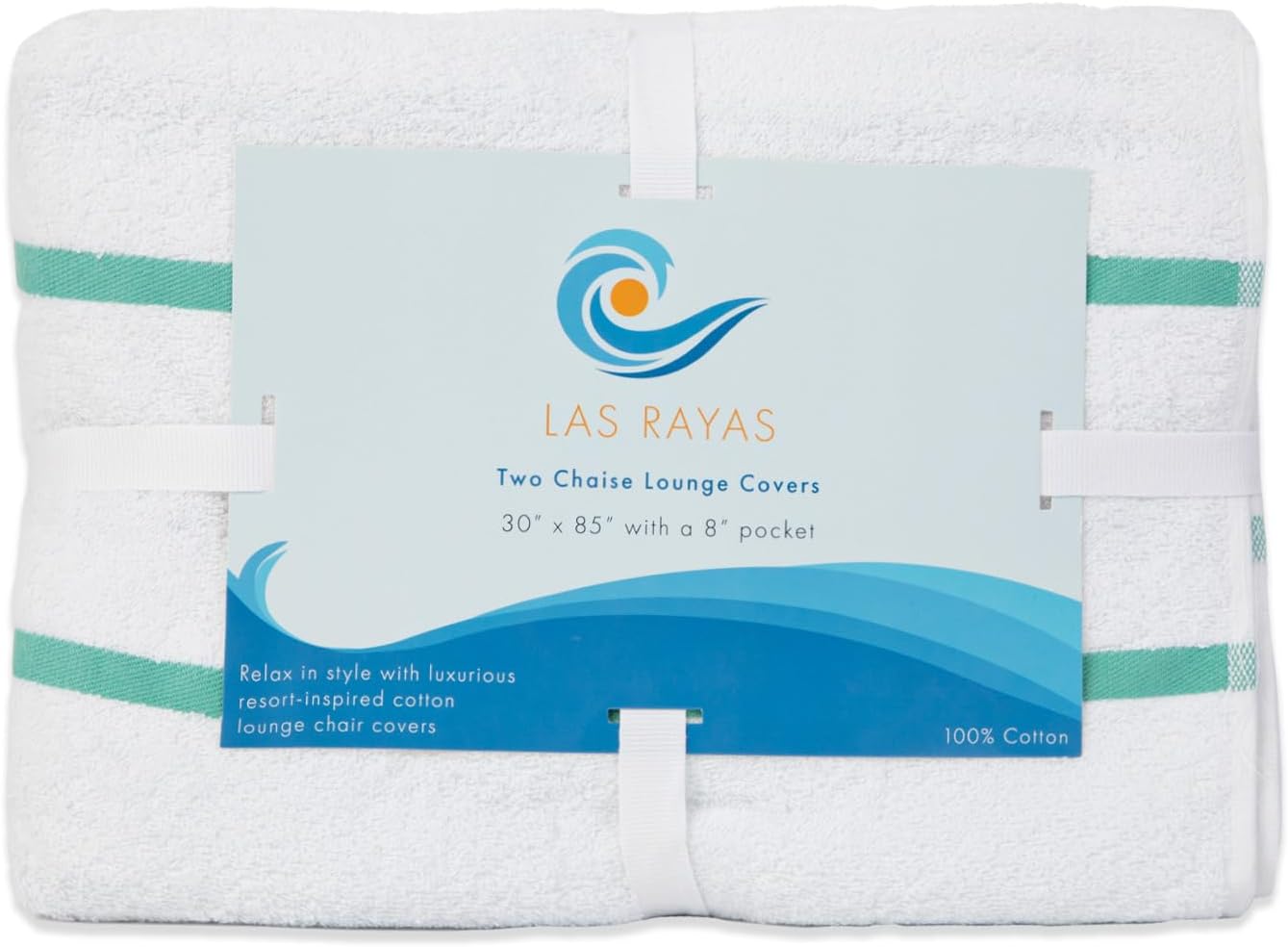 Arkwright Las Rayas Chaise Lounge Cover Towel with Pocket - Pack of 2 - Striped 100% Cotton Cabana Cover for Beach Pool Outdoor Chairs, 30 x 85 in, White/Green