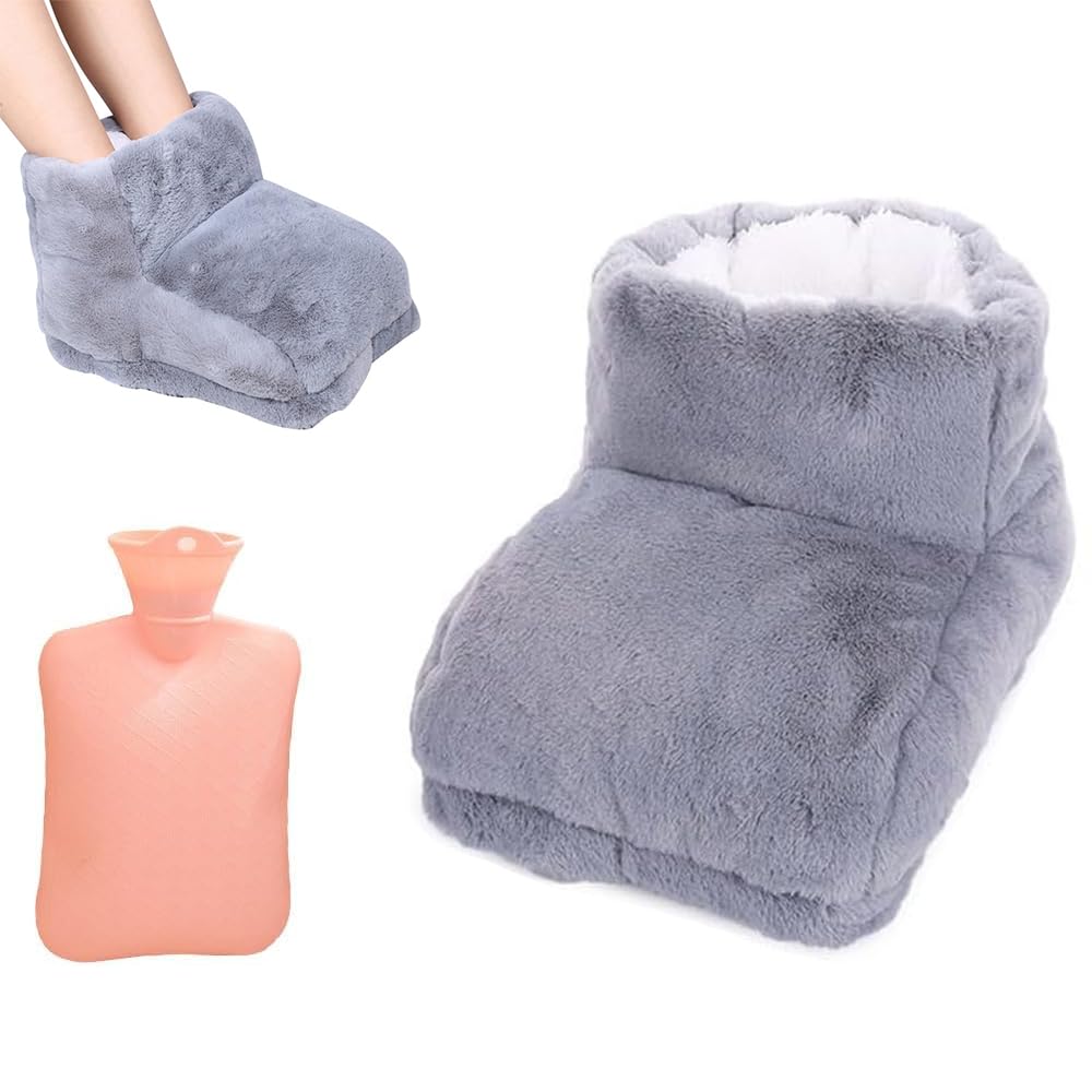 CLIUNT Scalda Piedi non Elettrico, Scaldapiedi Borsa Acqua Calda, Scaldapiedi Peluche, per Adulti, Anziani, Ufficio(Grigio