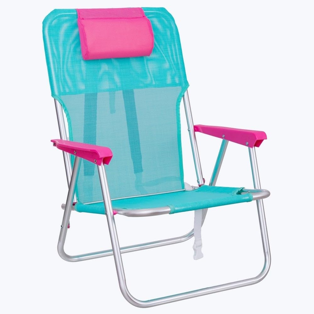 LOLAhome Silla Playa Camping Mochila Junior, Plegable de Aluminio y textileno Aguamarina, Silla Fija de 55x40x71 cm, con cojín Cervical Rosa, Correas Acolchadas y Ajustables