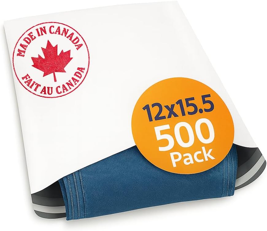 Poly Mailers 12x15.5 (500 Pack) – 12x15 Polymailers Shipping Bags, Self-Sealing Mailing Envelopes – 2.5 Mil. Made in Canada