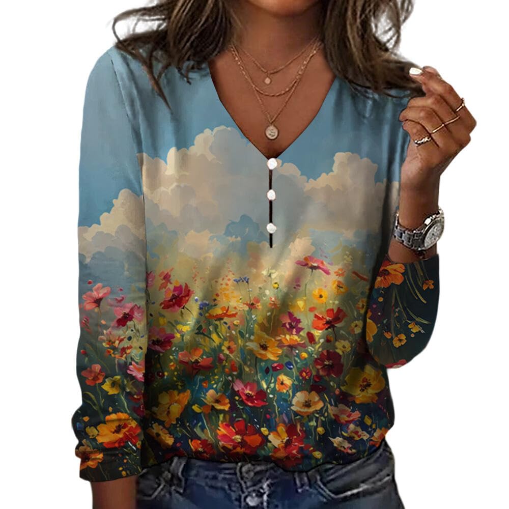 ZOCANIA Boho Button Down Shirts for Women Floral Printed V Neck Long Sleeve Womens Tunics Trendy Casual Graphic