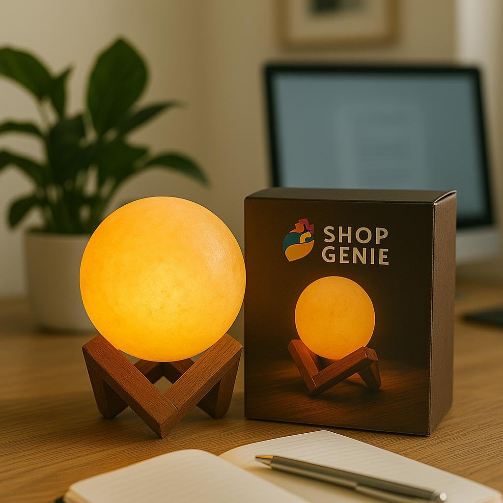 Shop Genie 3D Moon Himalayan Salt Lamp, Amber and White Glow, Natural Himalayan Salt Material, Decorative Night Light for Home (Amber)