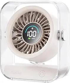 Basike Ventilador de Mesa Mini com Display Digital, 100 Níveis de Velocidade Portátil Bateria 5000mAh de 7h, Anjo Ajustável 60°, Silencioso para Casa, Escritório e Viagens (Branco Areia)