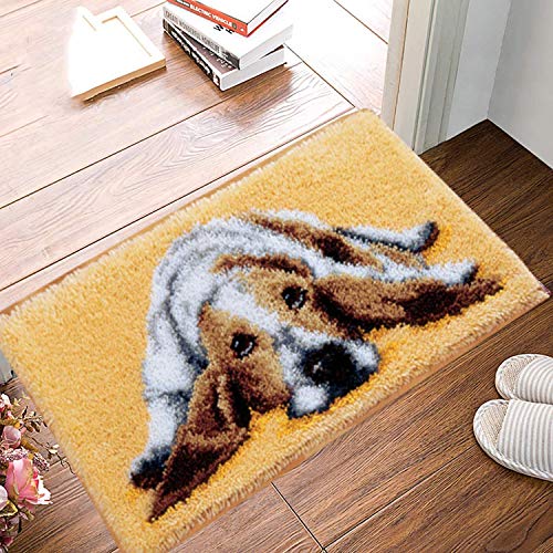 Image of YAKOLECI Latch Hook Kits for Adults, Color Printed Canvas Rug Crochet Yarn Kits, DIY Bath Mat Home Decoration Gifts (Quiet Dog)