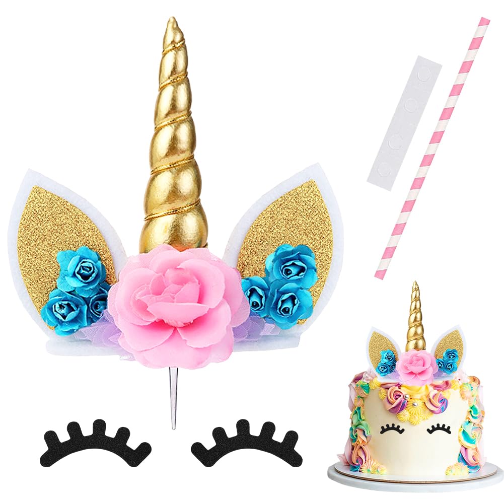 Unicorn Cake Toppers, Cake Decorations Rose Floral Unicorn Cake Insert Decoration Glitter Cupcake Topper with 1 Pair Eyelashes Straw Baking Decorations for Christmas Kids Baby Shower Birthday (Gold)