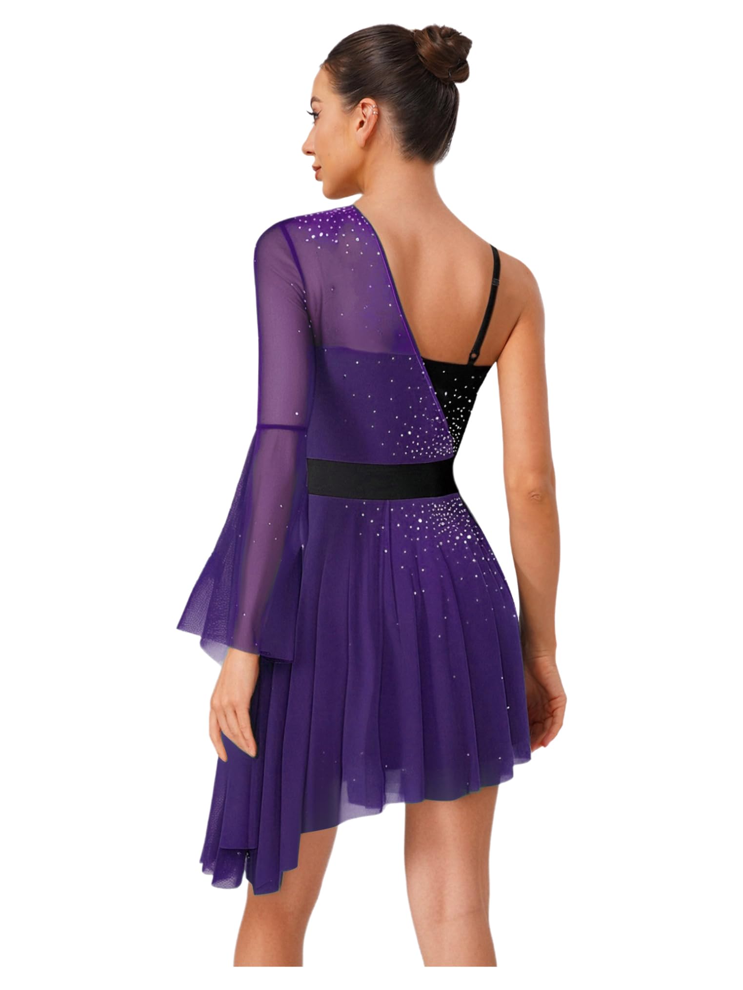 Freebily Abito da Pattinaggio Artistico Donna Monospalla Vestito da Danza Classica Ballerina Manica Svasata Abito da Ballo Latino Tango Costume Danza Samba Rumba Salsa