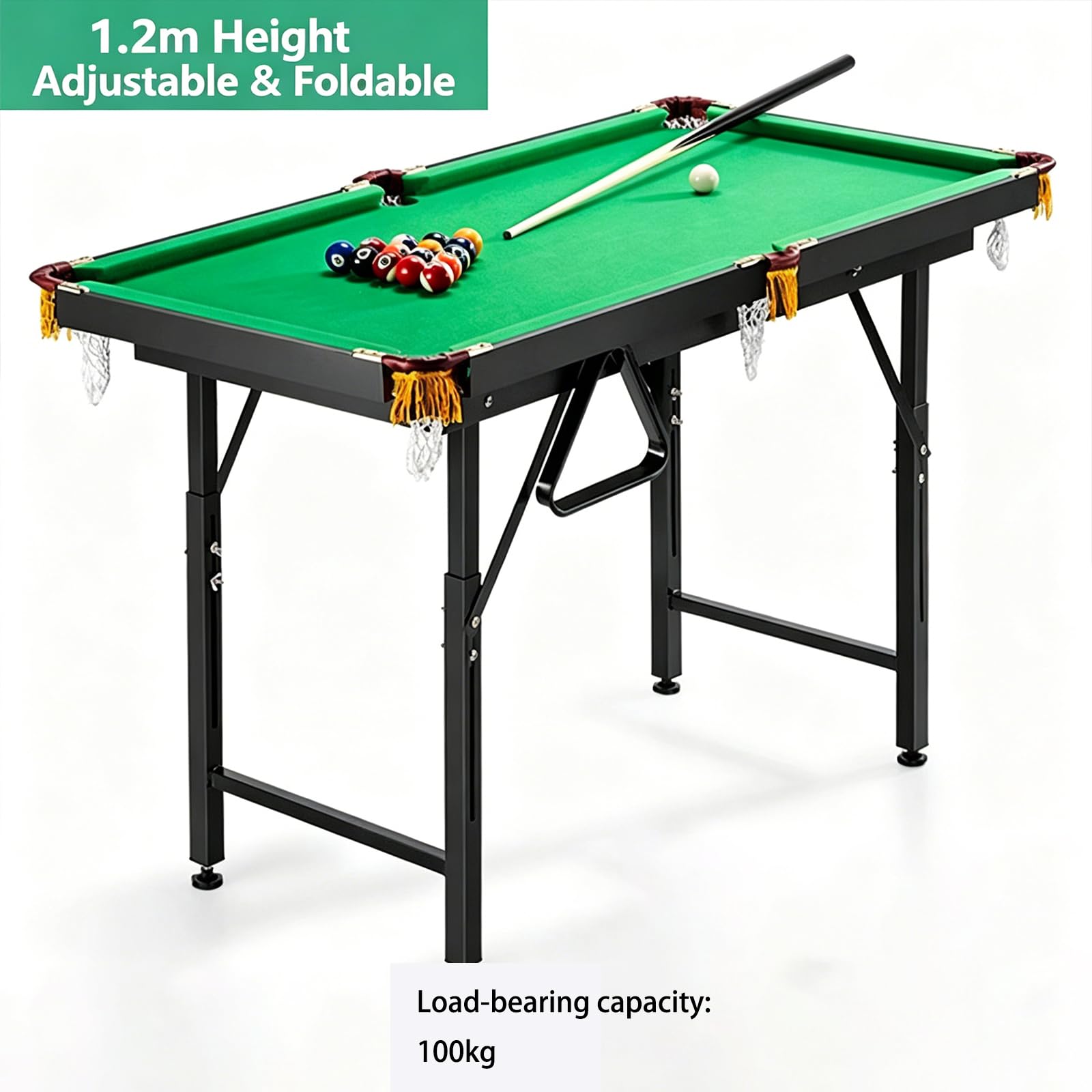 Tavolo da biliardo pieghevole, tavolo da biliardo mini regolabile in altezza 1,2 m con accessori completi per il gioco, tavolo da snooker compatto con struttura in metallo per intrattenimento familiar
