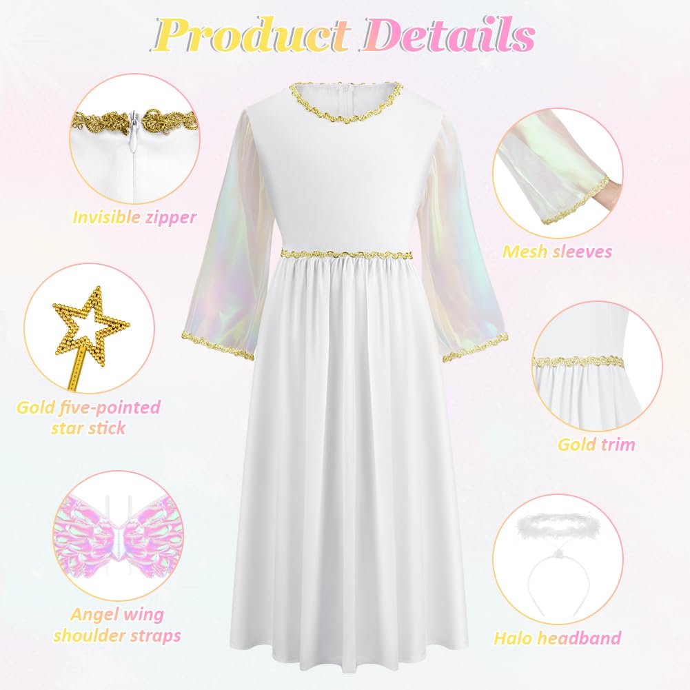 AYBUY Costumes Girls Angel, White Angel Dress with Wand Wings and Halo Girls Christening Dresses for Christmas Nativity - Image 3