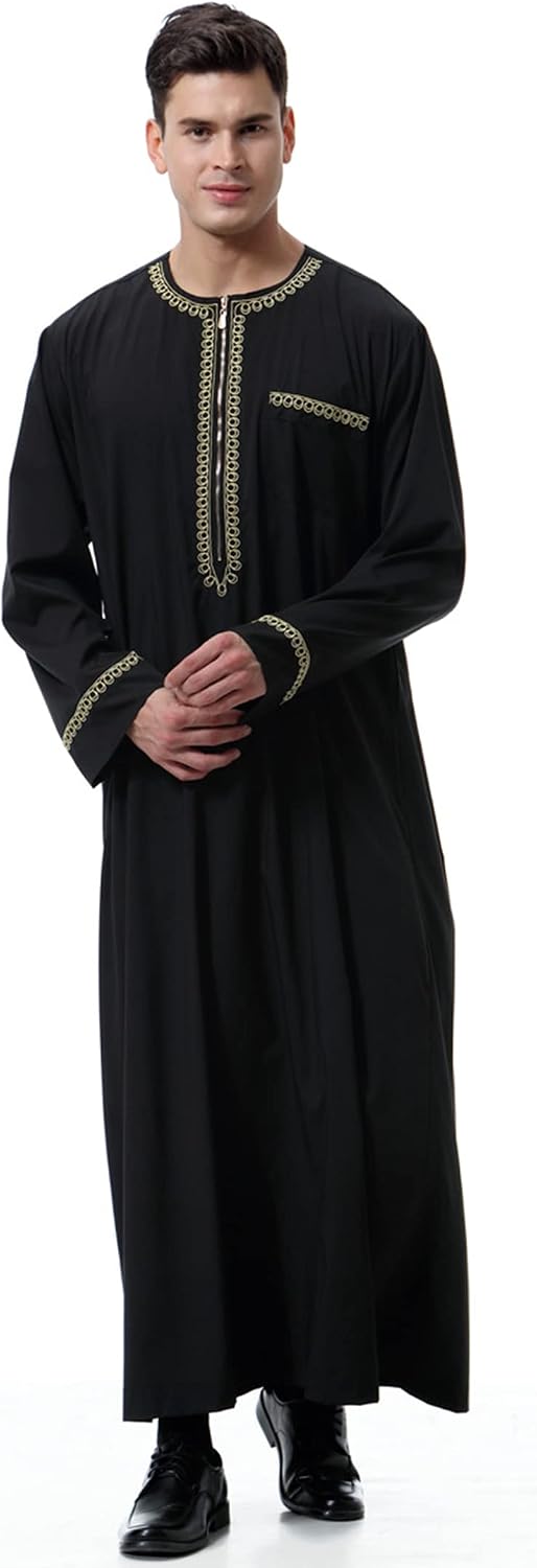 Thobe for Men Muslim Clothing Kaftan Jalabiya Abaya Arab Costume Round Neck Long Sleeve