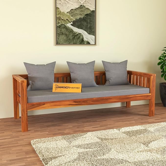 Image of Sheesham Wooden 3 Seater Sofa for Living Room | Rosewood 3 Seater Cushion Sofa Low Height | Solid Wood Sofa Set for Lounge (3 Seater,Honey Finish)