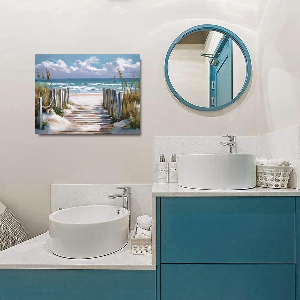 Bathroom beach picture wall art, blue ocean painting decorate bedroom, relax sea view artwork