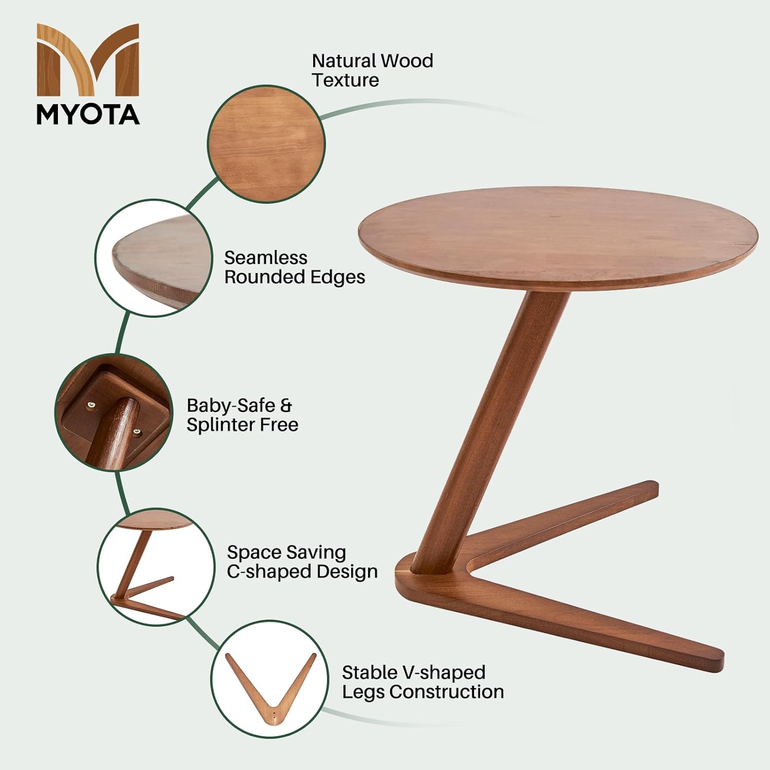 C-Shaped End Table for Couch - Solid Wood C Table for Sofa, Small Round Wooden Handmade Couch Tables That Slide Under Bedside Tray Side Tables for Living Room, Bedroom, Small Space, 19.7"