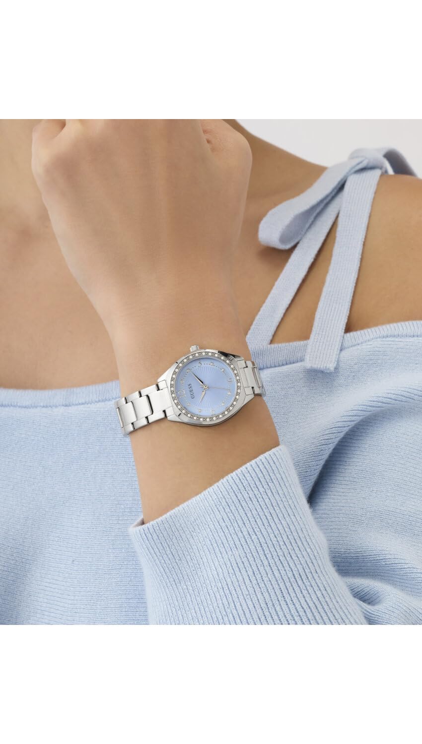 Guess Damski zegarek na rękę GW0767L6 Charlotte, 30 mm stal nierdzewna srebrny PVD, niebieska tarcza z cyrkonią, kwarc, szkło mineralne, 1 ATM, bransoletka ogniwowa