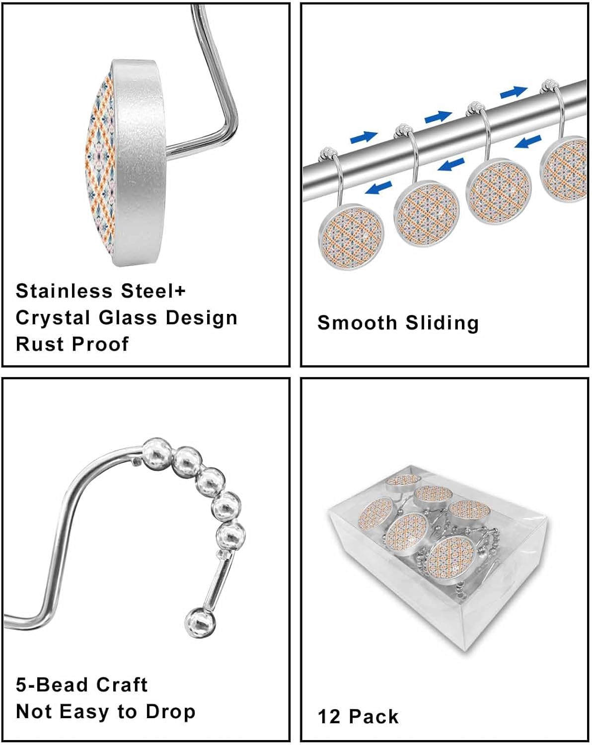 Shower Curtain Hooks 12 Pcs, Handdrawn Flower Overlay Art Pattern Stainless Steel Rust Proof Rolling Shower Curtain Rings, Decorative Shower Curtain Hooks Hangers for Bathroom