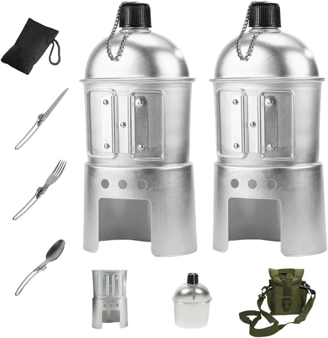 Canteen Cup Stove Pouch Kit,Multi-Functional Water Bottle,Military Canteen with Cup,Portable Aluminum Cookware Kit,for Outdoor Camping,Survival,Hiking,Backpacking