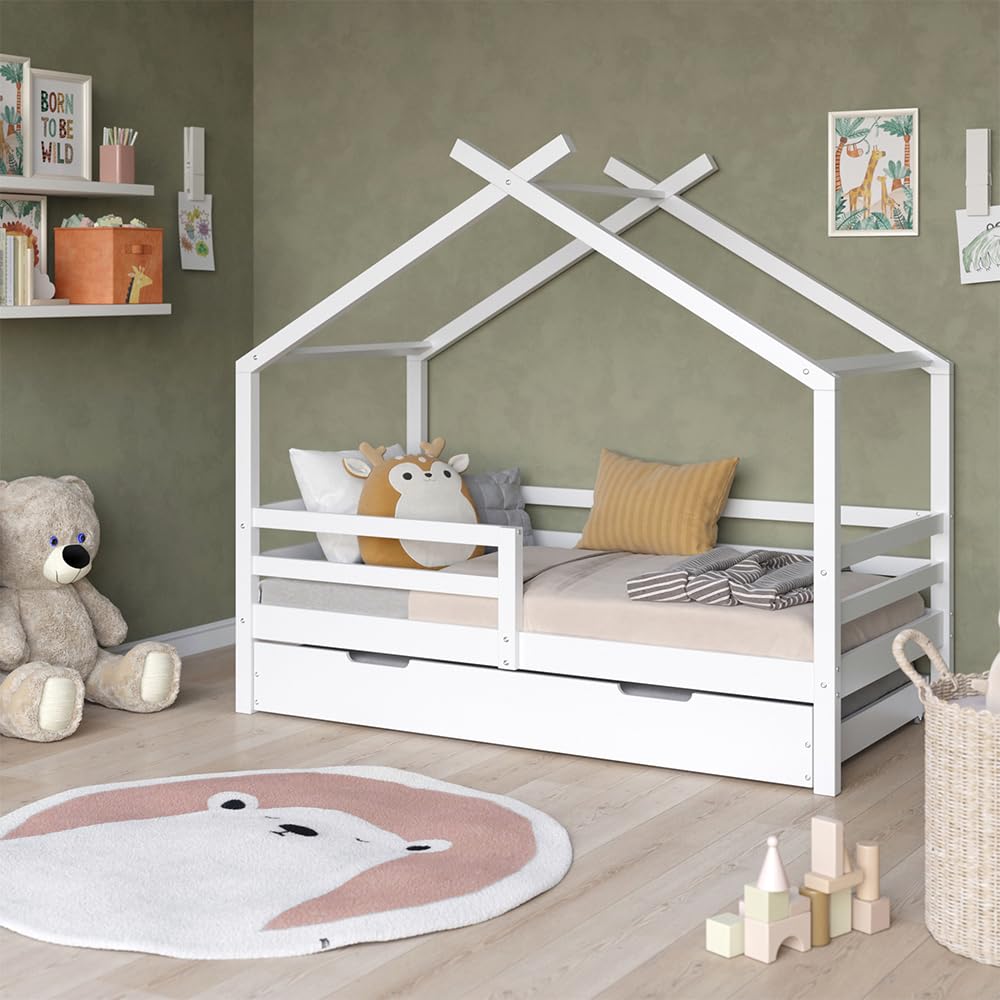 VitaliSpa Cama en Forma de casa Luni, Blanco, 160 x 80 cm | con cama extraíble para invitados, como un pequeño hogar para un ambiente cálido
