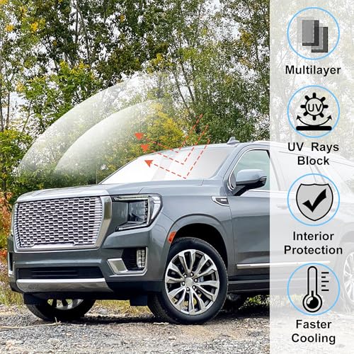 Image of Windshield Sun Shade Custom Fit for 2021 2022 2023 2024 2025 GMC Yukon XL /Chevrolet Suburban Accessories Foldable Sunshade Sun Blocker Protect Car from Sun Rays & Heat Damage Keep Car Cooler