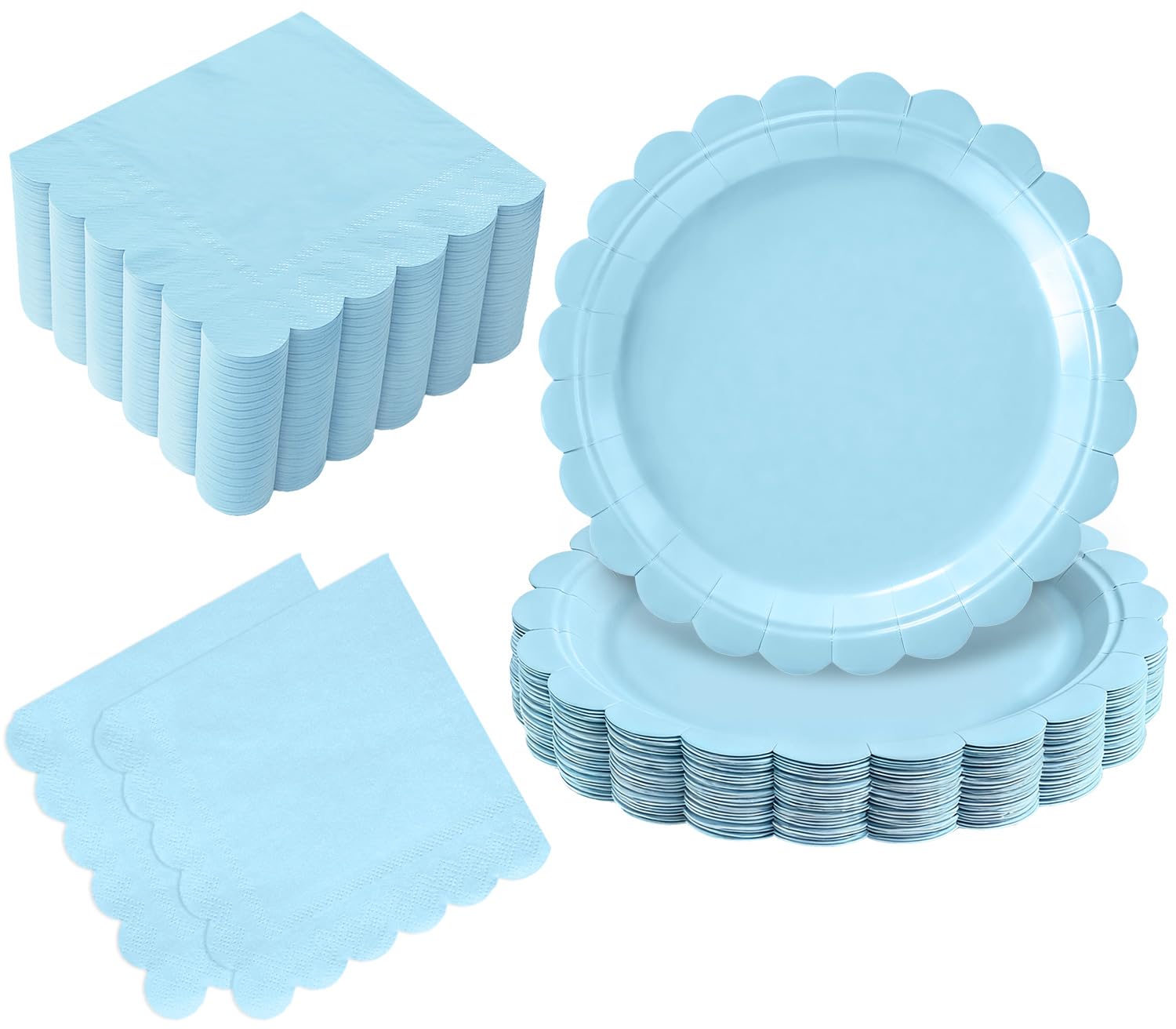 Oigco 50 Pcs Light Blue Plates and Napkins Party Supplies - Blue Disposable Scalloped Paper Plates & Napkins for Baby Shower, Wedding, Birthday Party Decorations, Serves 25