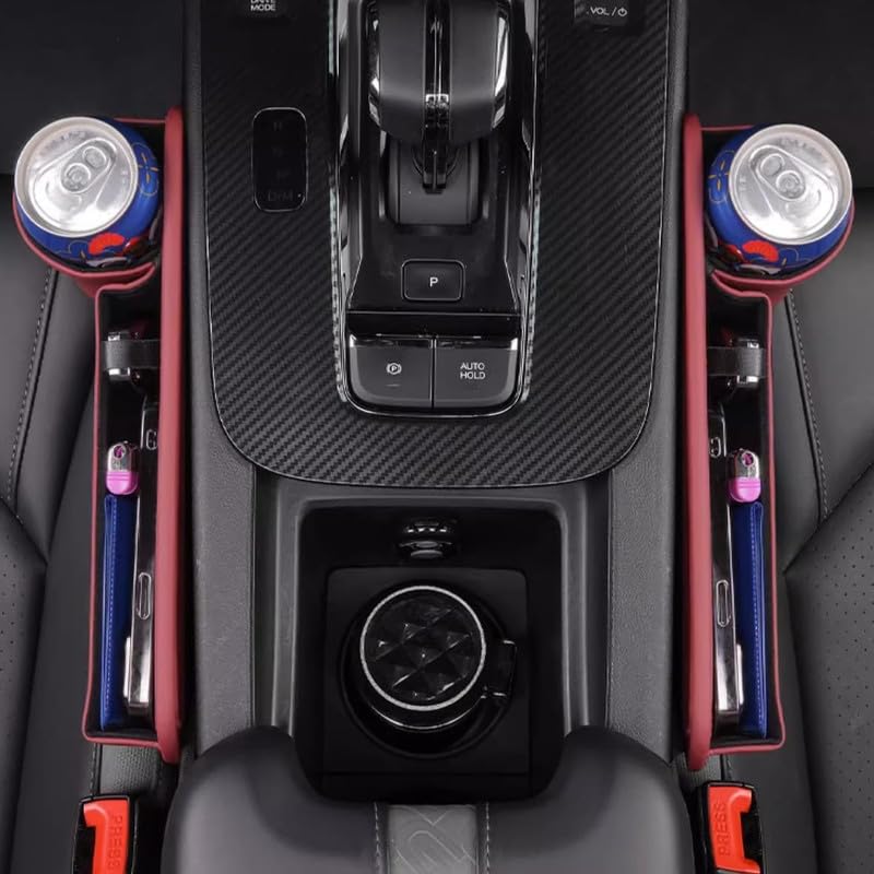 Car Leather Cup Holder Gap Bag,Seat Gap Storage Box,Adjustable Car Seat Storage Box,Leather Cup Holder Gap Bag with Cup Holder for Phones Glasses Keys Cards (Black,A)