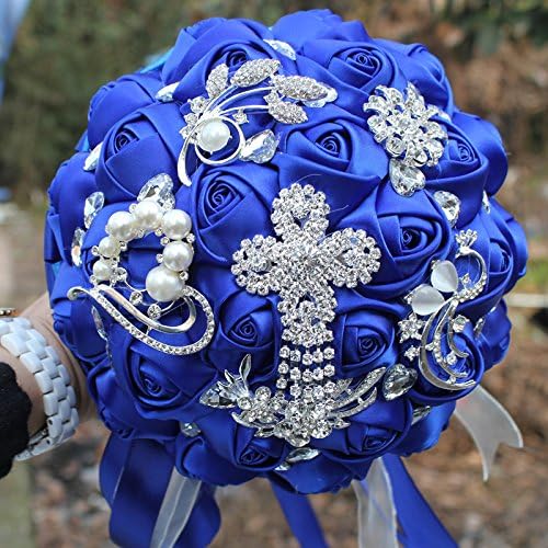 Hand Made Diamond Pearl Silk Roses Bridesmaid Bridal Artificial Bouquets Customization Bride Holding Bouquet Durable Wedding Bouquet Flower,18cm (Royal Blue)