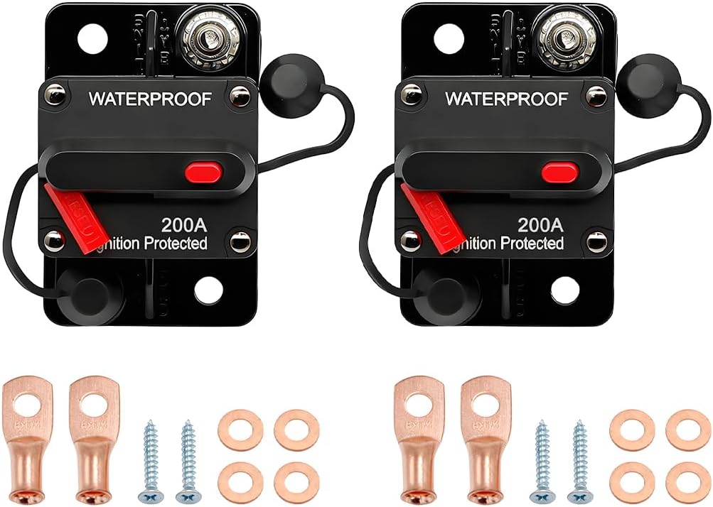 Car Circuit Breaker, 200A 12V-48V DC Vehicle Electronic Battery System Inline Fuse with Manual Reset Switch, Automotive Audio Radio Solar System Protection, Universal for SUV RV Truck