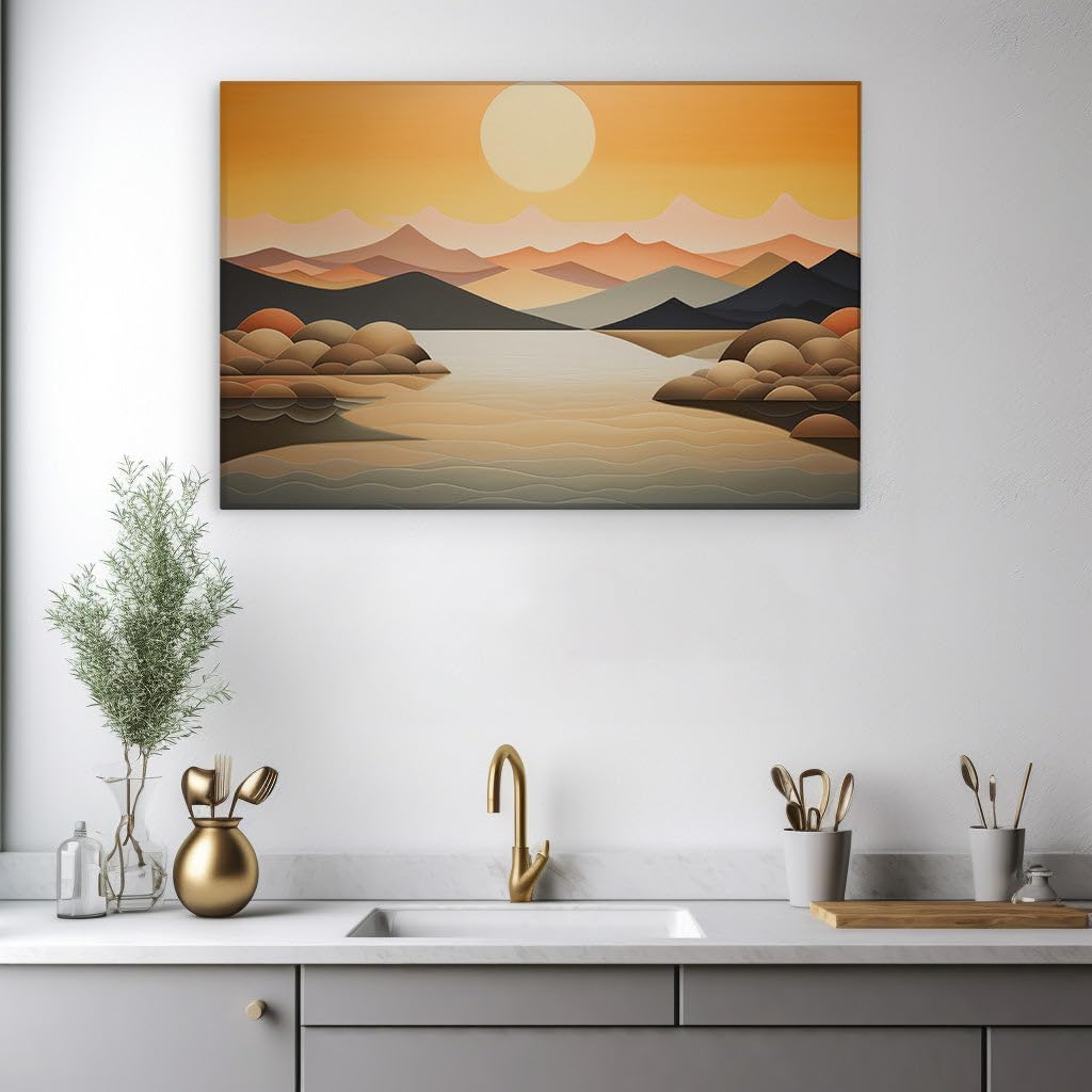 Canvas for Living room. Serene Sunset Serenade: A Lakeside Oasis Cradled by Mountain Majesties, 27 x 18 inch Canvas Wall Art - Beach Sunsets And Sunrises - Modern Home Decor
