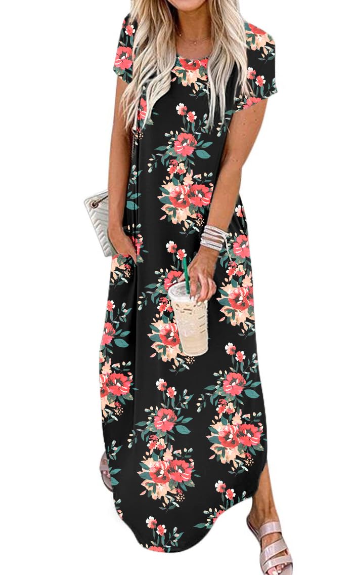 Jeqeocafy Women Summer Long Sundress Crewneck Short Sleeve Maxi Dress 2026 Casual Loose Beach Dress with Pockets
