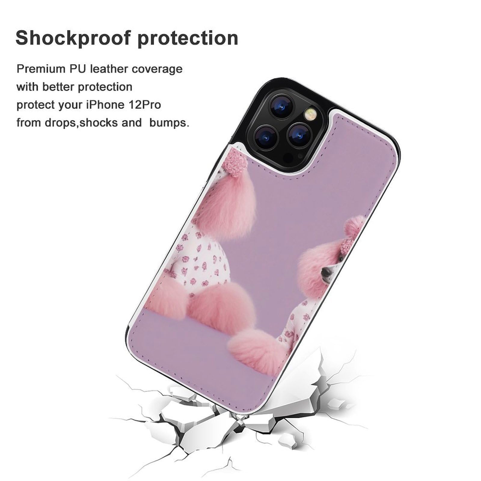 Funda tipo cartera para iPhone 12 Pro, diseño de caniches rosados con estampado de perros y caniches rosados, funda de piel con ranuras para tarjetas