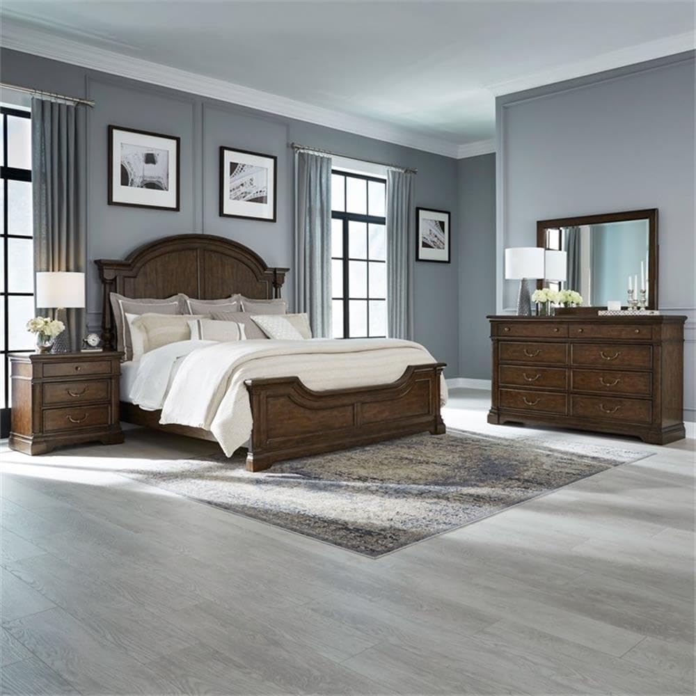 Pemberly Row Bedroom Set, Poster Bed Dresser Mirror Nightstand, Satin Cherry Finish, Poplar Solids Rustic Alder Veneers, Built-in Charging Station, Felt-Lined Drawers, Cedar Bottoms, Elegant Bedroom
