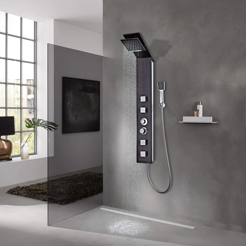 Sistema di pannelli doccia in vetro marrone con 180 ugelli in silicone, doccia a pioggia e soffione a mano, 18 x 42 x 133 cm, per bagno, benessere, relax e facile da montare