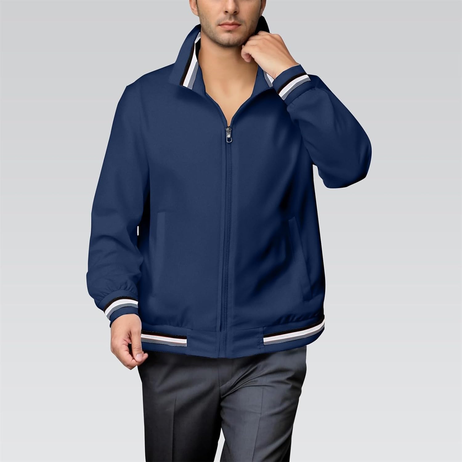 JOFOW Bomber Jackets for Men Zip Up Lightweight Stand Collar Fashion Spring Casual Long Sleeve Coats