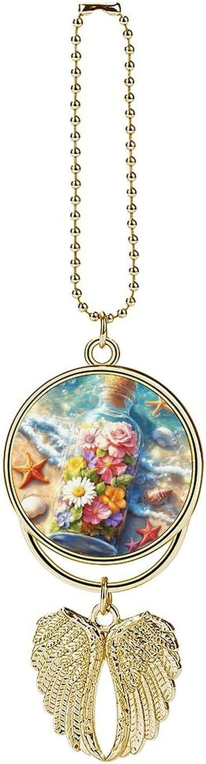 Hanging Car Charm for Rear, View Car Decor, Beach Flower Glass Bottle