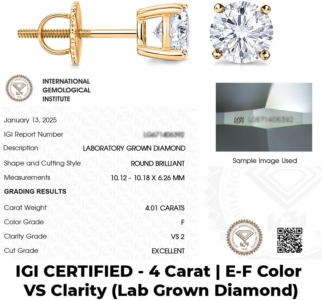 Shop LC 14K White Gold Lab Grown Diamond Stud Earrings for Women | IGI Certified | 0.2-4 Carat | E-F Color VS Clarity | Round | 4-Prong | Fine Jewelry