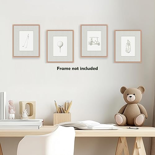 Miniatura 5 de Pleonox Juego de 4 impresiones artísticas de pared a rayas grises de 8 x 10 pulgadas, juego de 4, decoración de guardería deportiva, carrito de golf