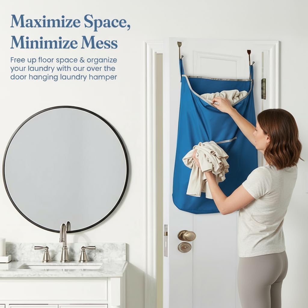 The Fine Living Co. X-Large Hanging Laundry Hamper with Over Door Hooks & Adhesive, Durable Space Saving Laundry Bag with Zipper and Wide Open Top, Hanging Dorm Laundry Hamper 20"x3.75"x31" (Blue-XL) image 3
